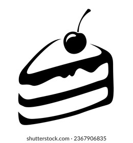 Piece of cake. Black silhouette of piece of cake with cream and cherry isolated on a white background. Vector black and white illustration