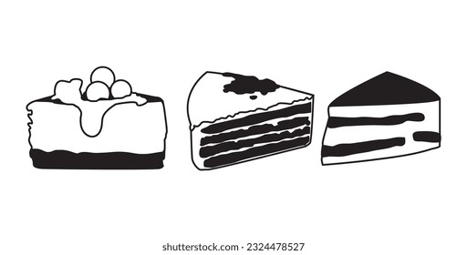 Pieza de pastel icono negro y blanco en estilo plano, pastel dulce lineal aislado en fondo blanco, concepto de negocio de la comida, ilustración vectorial