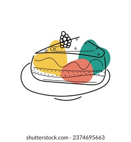 Piece of cake with blackberry on plate in line art style with colorful green-red-yellow inserts on white background. Cute hand-drawn vector illustration