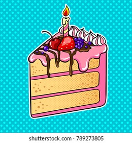 Piece of cake with candle pop art retro vector illustration. Color background. Comic book style imitation.
