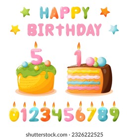 A piece of cake and a cake with candles in the form of numbers and a colorful inscription happy birthday.
