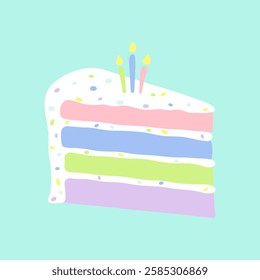 A piece of cake with candles, hand-drawn, insulated, cartoon color illustration, flat design, vector. Sweet delicious dessert with cream for a holiday, birthday, celebration. Cute children's drawing