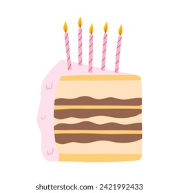 Piece of cake with candles isolated on white background. Hand drawn birthday cake. Vector illustration.