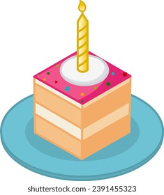 ​Festive Piece of Cake with Candles. Vector Illustration of Cake on a Plate for a Birthday