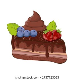 piece of cake with cherries, blueberries and strawberries and a mint leaf. Vector illustration for thematic design. Flat design.