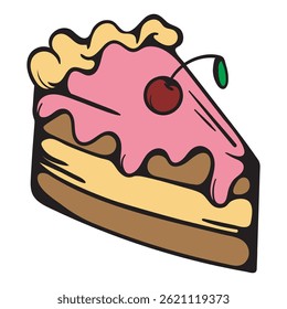 Piece of cake with cherries and cream. Bakery. Sweets. Simple vector illustration for sticker, icon, print. Design element isolated on white background