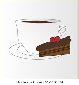 A piece of cake with cherries on a saucer with a Cup of coffee