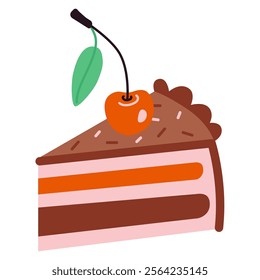 A piece of cake with cherry. Colorful delicious desserts with cream, berries, chocolate glaze topping, festive decor and sprinkles. Trendy modern vector isolated illustration, hand drawn, flat