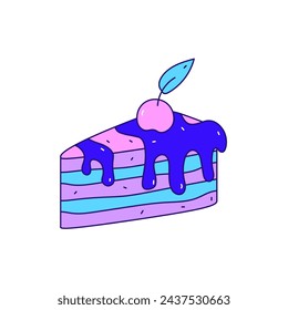 Piece of cake with cherry colorful doodle vector illustration. Hand drawn outline food art. Sweet dessert with melting cream. Isolated element on white background. Icon, logo for bakery confectionery