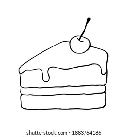 Piece of cake with cherry. Contour hand drawn illustration isolated on a white background, vector