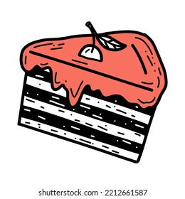 Piece of cake with cherry in doodle style. Cute dessert, sweet food. Vector hand-drawn illustration in doodle style. Perfect for various designs, cards, decorations, logo, menu. 