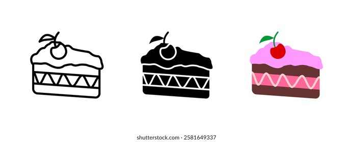 Kuchenstück mit Kirschsymbol. Geschmackvolle Dessertscheibe, Vektorgrafik. Süßbäckerei behandeln Symbol. Schokoladengebäck mit cremigem Vereisungszeichen für ein Gourmet-Feier-Piktogramm.