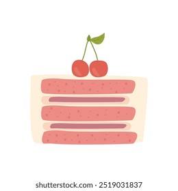 Piece of cake with cherry isolated on white background. Vector illustration.