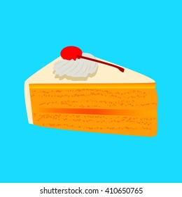 A piece of cake with cherry on a blue background. Vector illustration