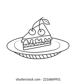 Piece of cake with cherry on a plate in doodle style. Birthday, celebration, holiday, party concept. Black and white vector illustration for coloring book.