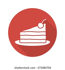 Piece of cake with cherry on plate flat design long shadow icon. Vector silhouette symbol
