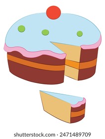 A piece of cake with cherry on the top isolated on white background