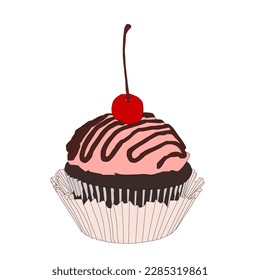 A piece of cake with cherry topping on white background. Beautiful chocolate cake with ice cream on it.