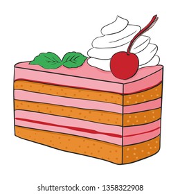 Piece of cake with cherry and whipped cream isolated on white background