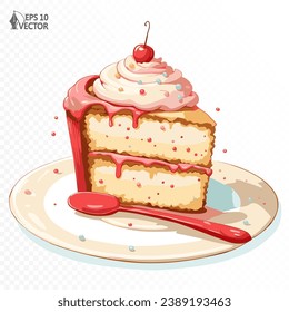 Un trozo de tarta con cereza y crema batida. Postre decorado con pastelería. 3.ª ilustración de alimentos vectoriales para el diseño de envases, postales y publicidad