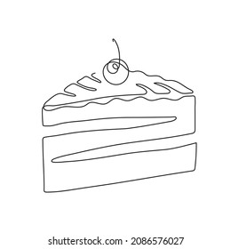 Piece of cake with cherry,one line art,hand drawn continuous contour.Delicious appetizing pastries,one slice.Decoration,emblem for confectionery,sweet-shop,bakery.Minimalist design.Editable stroke.