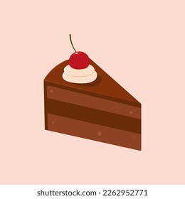 Piece of cake. Chocolate and cherry. Flat vector illustration.