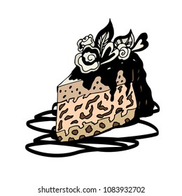 piece of cake. chocolate cake. cream cheesecake. vector hand drawn illustration 
