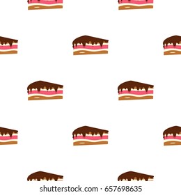 Piece of cake with chocolate cream pattern seamless background in flat style repeat vector illustration