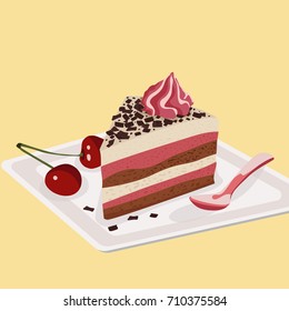 Piece of cake with chocolate crumbs and marshmallows on the plate. Vector illustration. Tasty and delicious dessert.