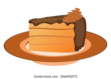 A piece of cake with chocolate icing, light brown cream and yellow decoration on a brown plate