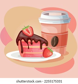 Piece of cake with chocolate and strawberry on the plate with paper cup of coffee. Cake and coffee on beige background. Poster for coffee house