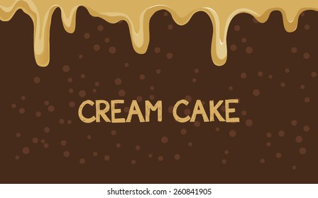 Piece of cake with chocolate topping and pink cream decoration. Sweet chocolate cake for birthday holiday. Vector illustration. Isolated on white background. EPS10