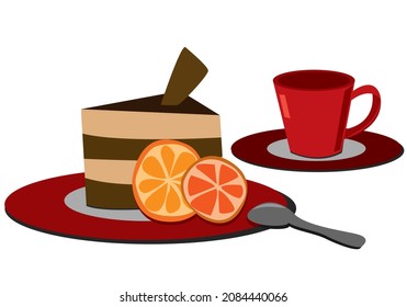 A piece of cake with citrus fruits on a plate and a cup of coffee or tea.