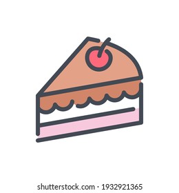 Piece of cake color line icon. Chocolate cake with cream and cherry vector outline colorful sign.
