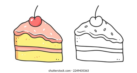 A piece of cake coloring book with an example of coloring for children. Coloring page with food. Monochrome and color version. Vector children's illustration.