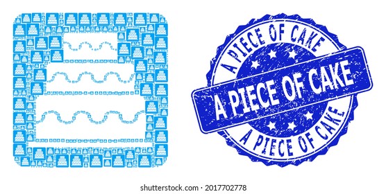 A Piece of Cake corroded round seal imitation and vector fractal collage cake. Blue stamp seal includes A Piece of Cake caption inside round shape. Vector collage is constructed of random cake icons.