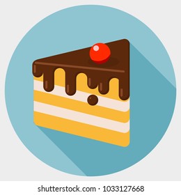 A piece of cake with cream and cherry, a flat icon with a shadow.