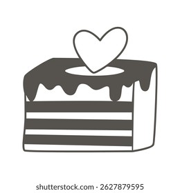 Piece of cake with cream and heart-shaped decor. Sweet biscuit pastry. Black hand drawn silhouette of portioned dessert, vector element