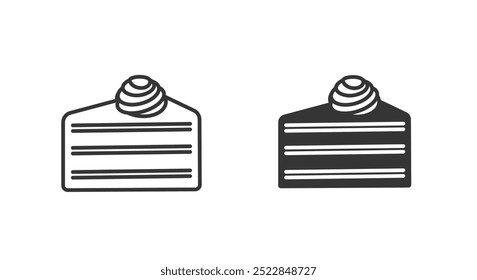 Pieza de pastel con crema en la parte superior en dos variaciones - contorno y silueta icono. Para la página del Web, Botón del App, etiqueta, idea del logotipo. Comida dulce y concepto de celebración. Ilustración vectorial aislada en blanco