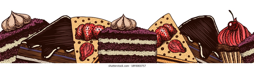 Piece of cake. Cream tarts stickers. Fruit desserts label. Chocolate Sweet Food. Hand drawn Vintage engraved sketch. Poster or banner for menu. Vector illustration for a banner of a restaurant.