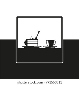 A piece of cake and a cup of coffee. Vector icon in black and white form.