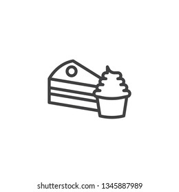 Piece of cake and cupcake line icon. linear style sign for mobile concept and web design. Muffin and cake outline vector icon. Sweet dessert food symbol, logo illustration. Pixel perfect vector 