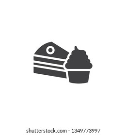 Piece of cake and cupcake vector icon. filled flat sign for mobile concept and web design. Muffin and cake glyph icon. Symbol, logo illustration. Pixel perfect vector graphics