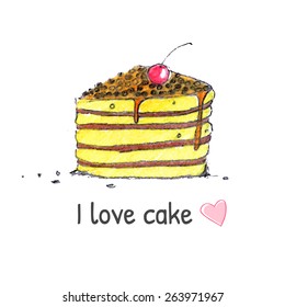 Piece of cake with custard and cherry. Vector illustration.