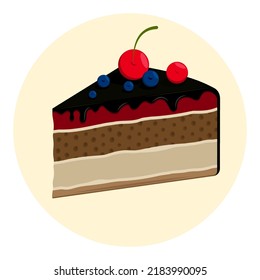 Un trozo de tarta con chocolate oscuro. Pie decorado con cerezas y arándanos. Vector de caricatura aislado en fondo blanco