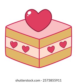 Piece of cake decorated with big heart on top and little hearts by side. Vector illustration for Valentine.