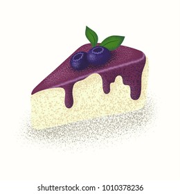 Piece of cake decorated with blueberries. Cheesecake with topping and berries isolated. Blueberry dessert. Vector illustration in dot style, retro vintage dots graphic art.