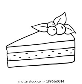 Piece of cake decorated with blueberry and leaves isolated on white background. Vector hand-drawn illustration in doodle style. Perfect for cards, menu, logo, invitations, decorations.