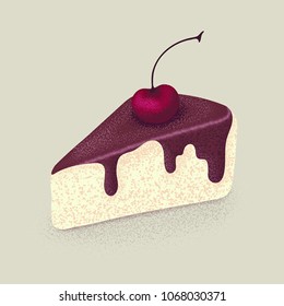 Piece of cake decorated with cherry. Cheesecake with topping and berry isolated. Cheese dessert. Vector illustration in dot style, retro vintage dots graphic art.
