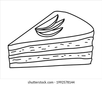 Piece of cake decorated with fruit slices. Cheesecake.  Dessert. Vector illustration hand-drawn by a contour on a white background. Doodle style